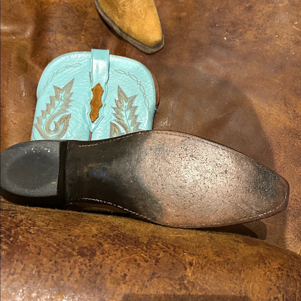 Lucchese Turquoise and Brown Suede Heeled Cowboy Boots - Picture 3 of 4